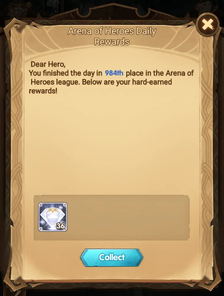 Arena of Heroes daily diamonds reward AFK Arena