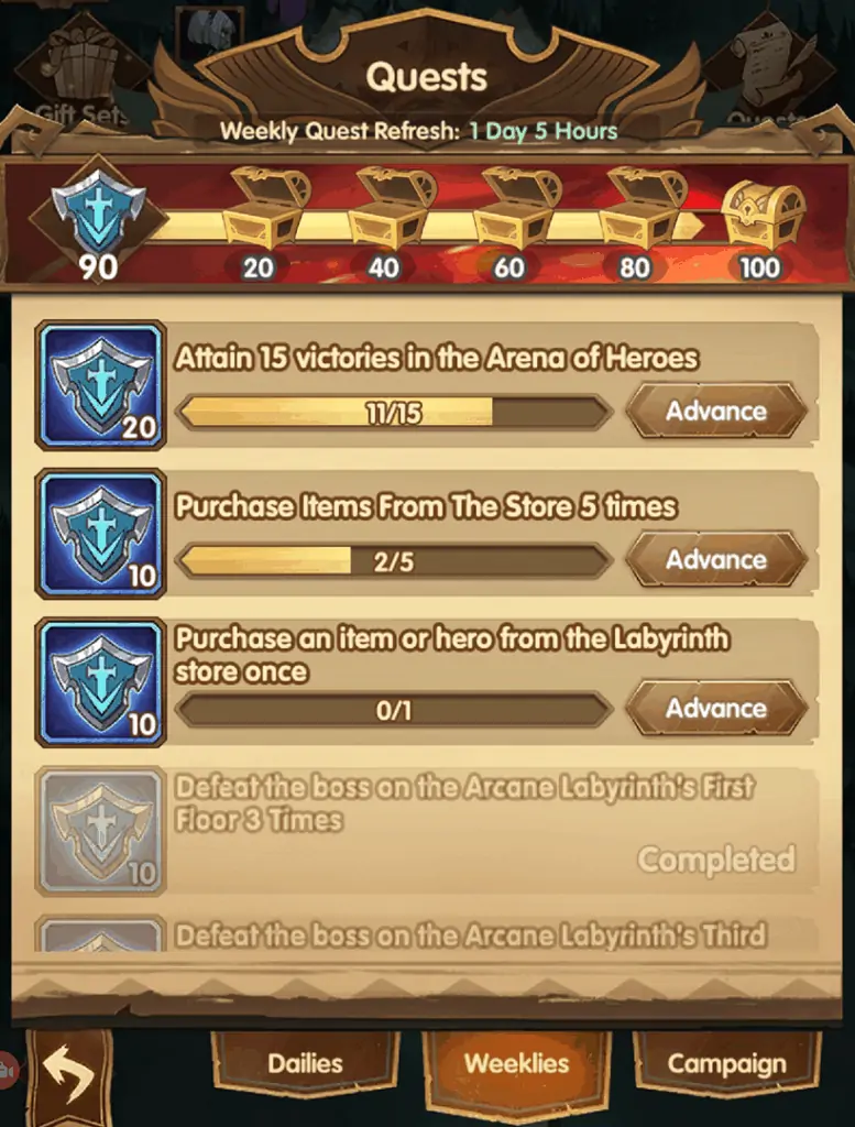 Daily and weekly quests AFK Arena