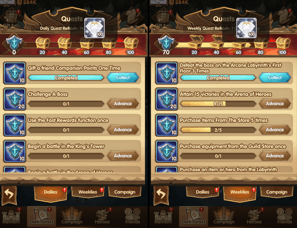 Diamonds reward from daily and weekly quests AFK Arena
