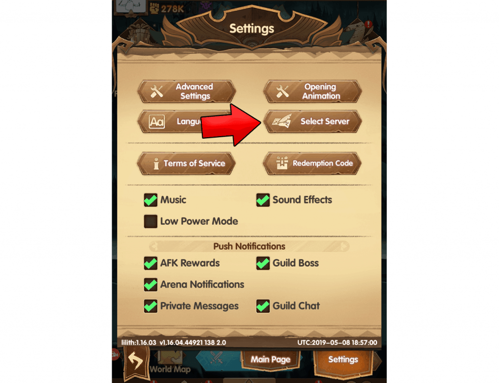 Select different server button AFK Arena