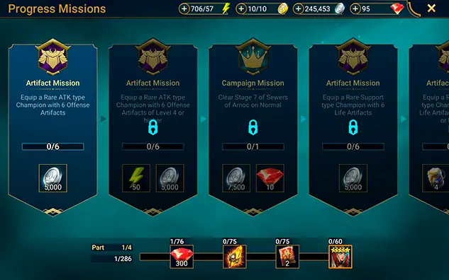 Gems reward from missions RAID Shadow Legends