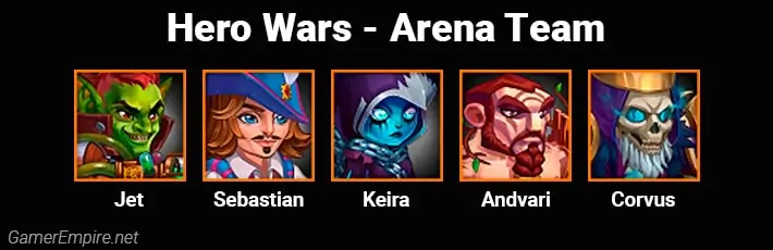 Hero Wars Arena Team Jet Sebastian Keira Andvari Corvus