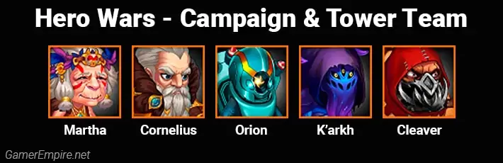 Hero Wars Campaign and Tower Team Martha Cornelius Orion Karkh Cleaver