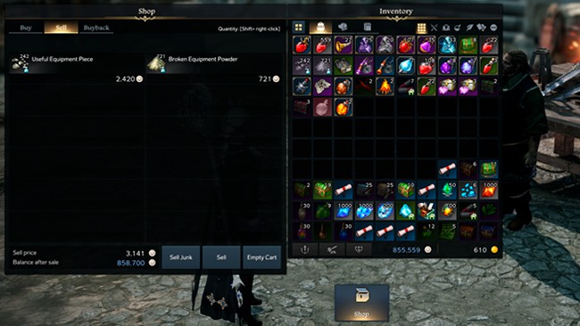 Lost Ark Selling Broken Equipment Powder and Useful Equipment Pieces at Merchant