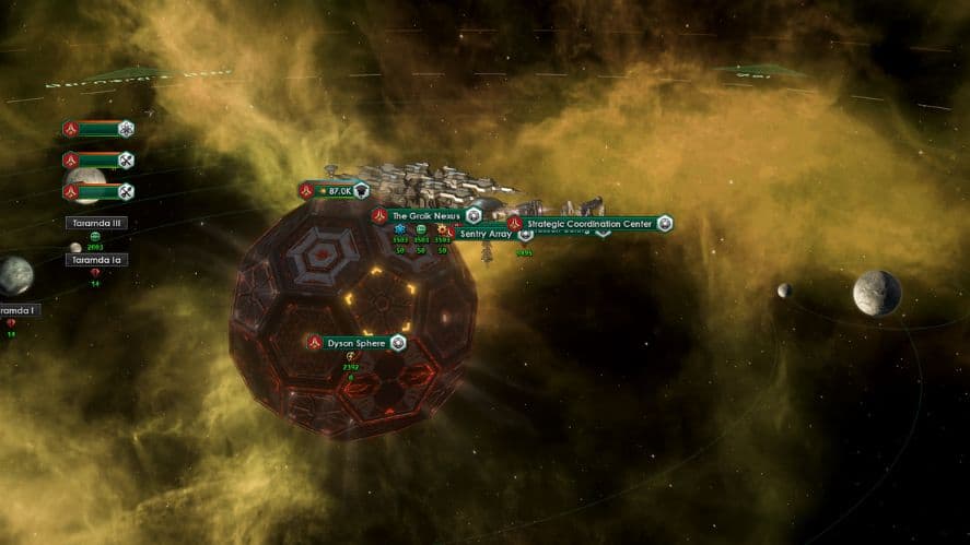 An image displaying multiple megastructures in one system. Just a small taste of what is possible when you know how to use console commands in Stellaris